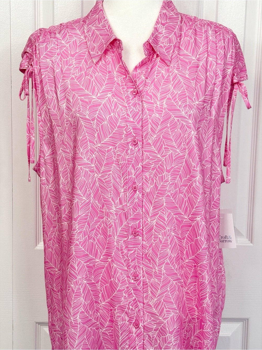 NWT Croft & Barrow Pink Leaf Print Ruched Tie Cap Sleeve Blouse XXL
